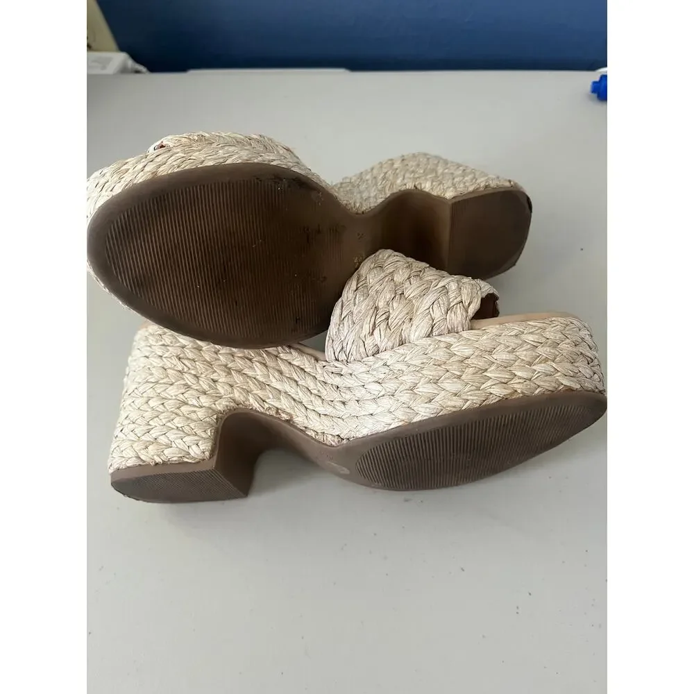 RAYE Gable Raffia Platform Wedge Slide Sandals Natural Size 6.5